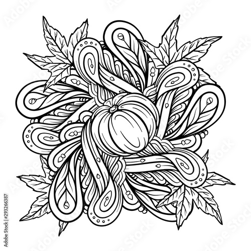 Black and white autumn ornament. Pumpkins, maple leaves and autumn floral motifs coloring page