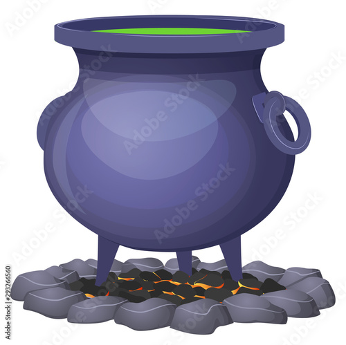 Witches steel cauldron with green potion. Burning hearth with coals. Isolated on white background. Decorative element for Halloween. Vector illustration. photo