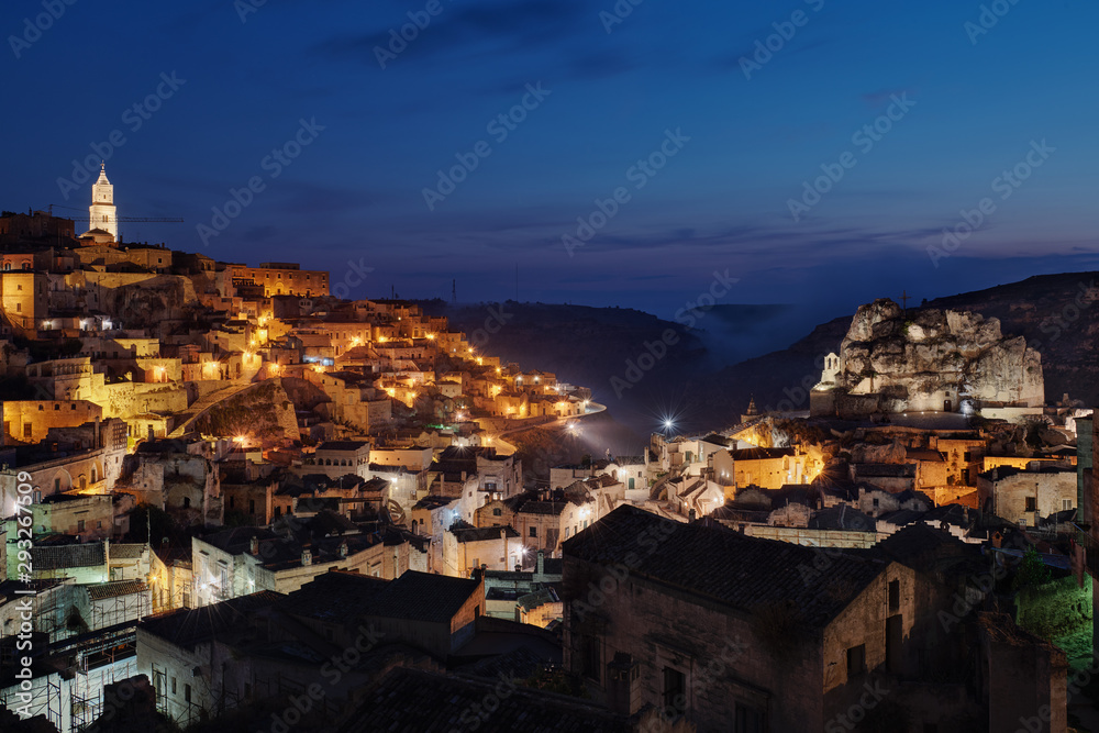 era, Townscape and historical cave dwelling, Sassi di Matera at blue hour