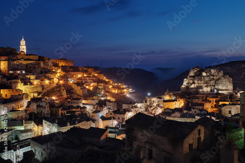 era, Townscape and historical cave dwelling, Sassi di Matera at blue hour