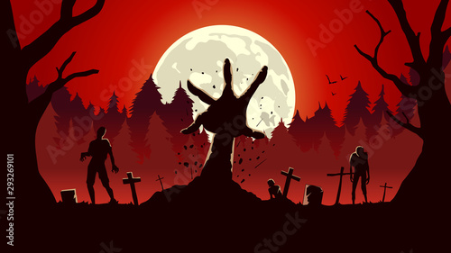 Fotografie, Obraz Zombie arm out from ground of grave in a full moon night and red sky