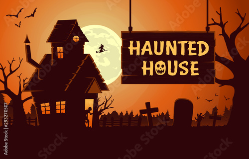 Horror background template with Haunted house at full moon night. Illustration about Halloween theme ideal for web screen.