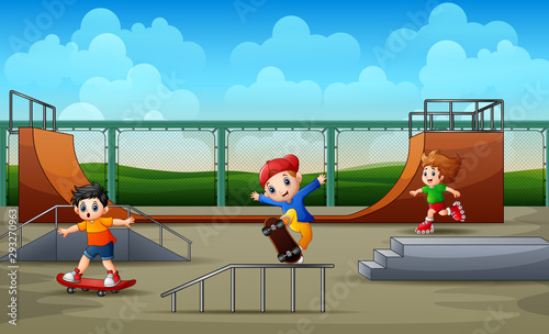 Happy boys ride using rollerblades and skateboard