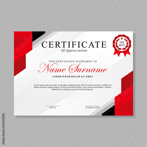 Modern certificate template design with red, black and white color. 