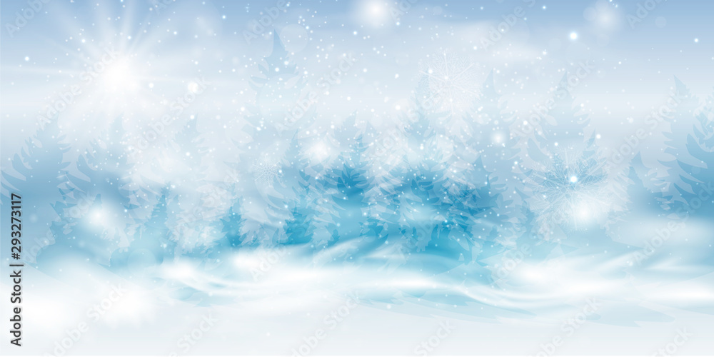 Winter blue sky with falling snow, snowflakes with a winter landscape with a full moon. Winter blue sky with falling snow, snowflakes with a winter landscape with a full moon.