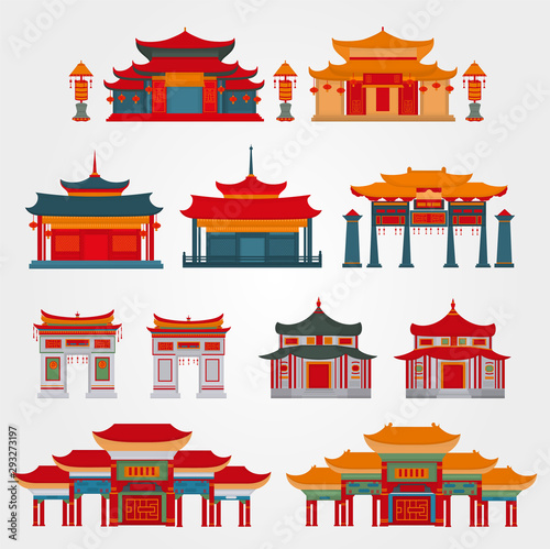 Set of Chinese traditional buildings and temples on a white background