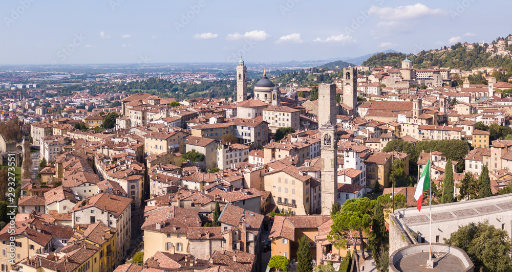 Bergamo, Italy. Amazing drone aerial view of the old town. Landscape at the city center, Its historical buildings and the towers