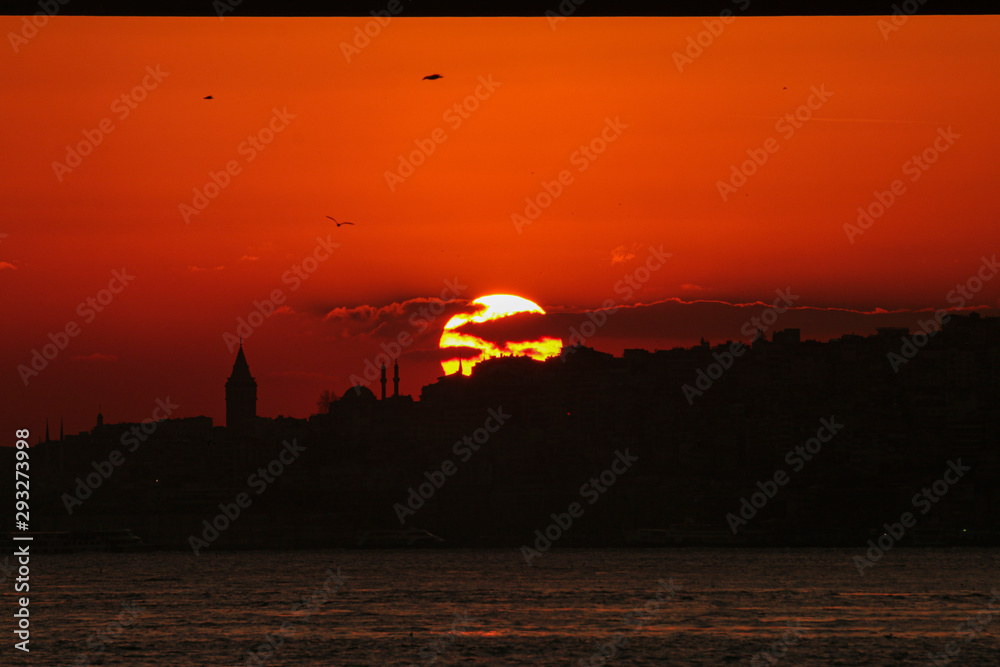 romantic sunset in istanbul skyline