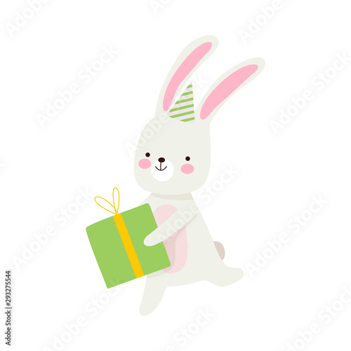 Humanized hare runs with a gift. Vector illustration on a white background.