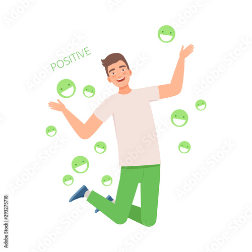 Man is jumping for joy. Near the inscription Positive. Vector illustration.
