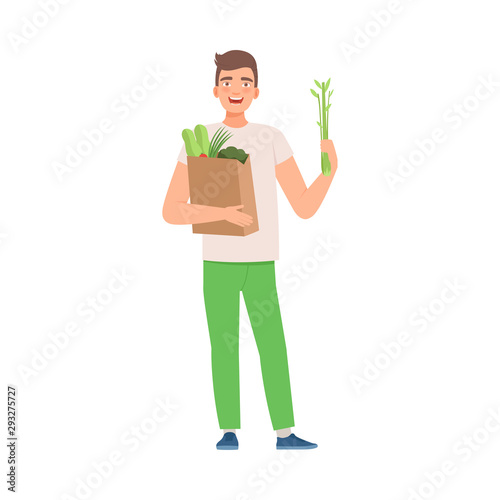 Man holds a bag of vegetables. Vector illustration.