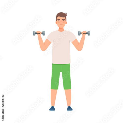 Man is engaged with dumbbells. Vector illustration.