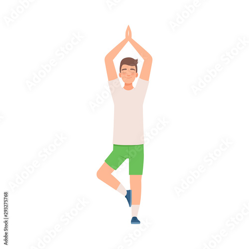 Man stands on one leg. Vector illustration.