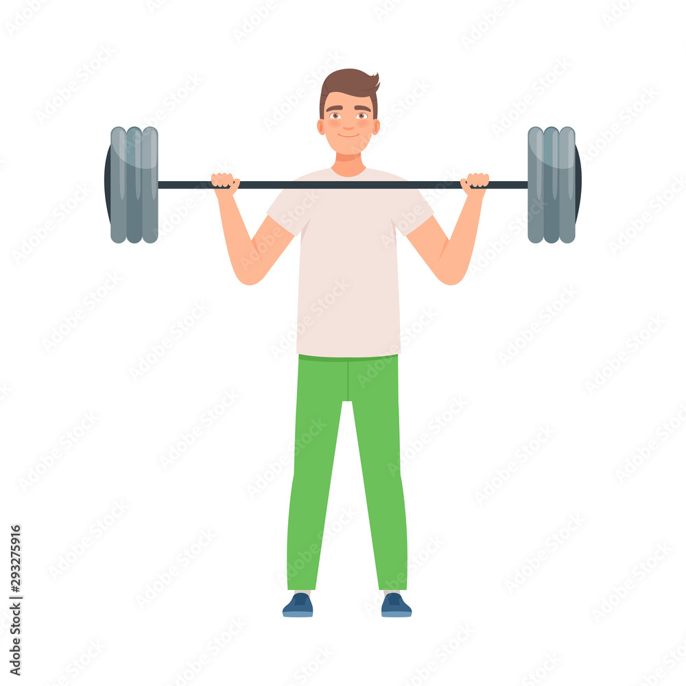 Brunette man with a barbell. Vector illustration. Brunette man with a barbell. Vector illustration.