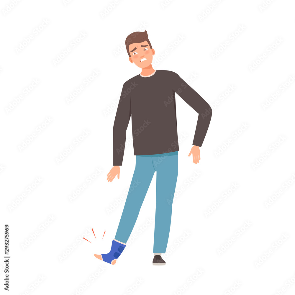 Brunette man with a bandage on his ankle. Vector illustration.