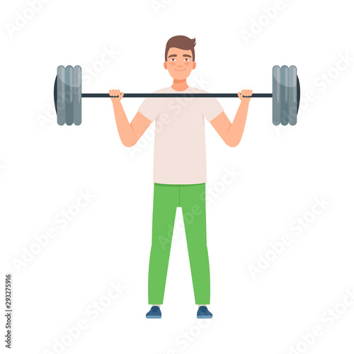 Brunette man with a barbell. Vector illustration.