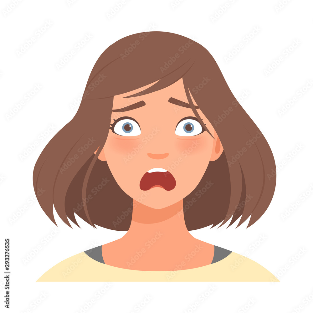 Fright on the face of a cute girl. Vector illustration.