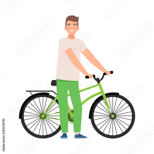 Man stands next to a bicycle. Vector illustration.