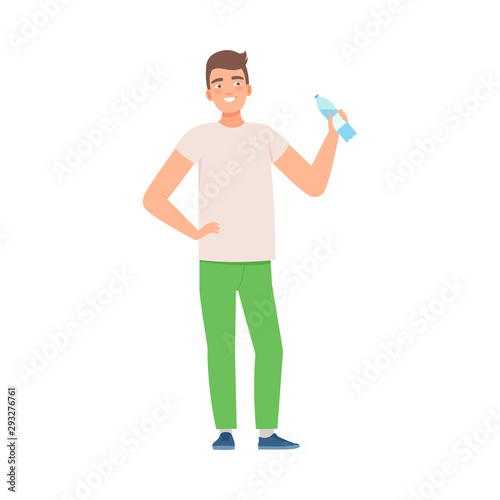 Man holds a bottle of water. Vector illustration.