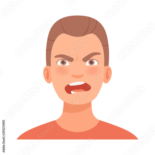 Young guy screams in anger. Vector illustration in cartoon style.