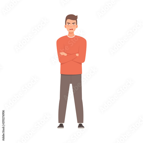 Young guy crossed his arms over his chest. Vector illustration in cartoon style.
