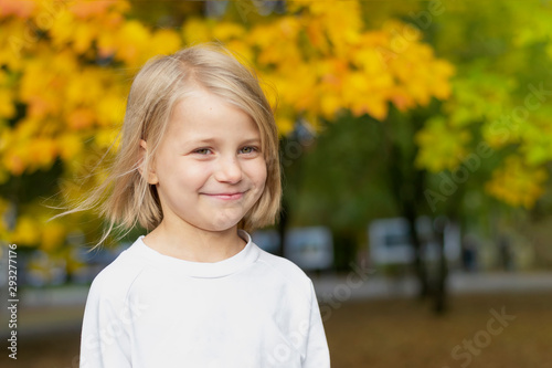 Portrait of a little beautiful girl on a background of colorful autumn trees in the park