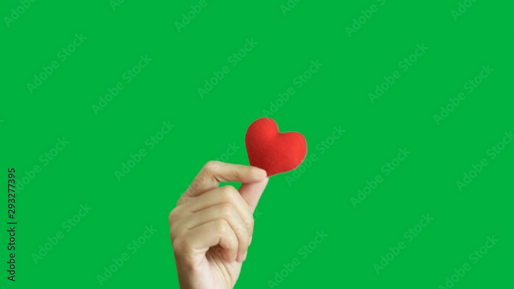 4K. woman hand showing red heart on isolated on chroma key green screen background 4K. woman hand showing red heart on isolated on chroma key green screen background