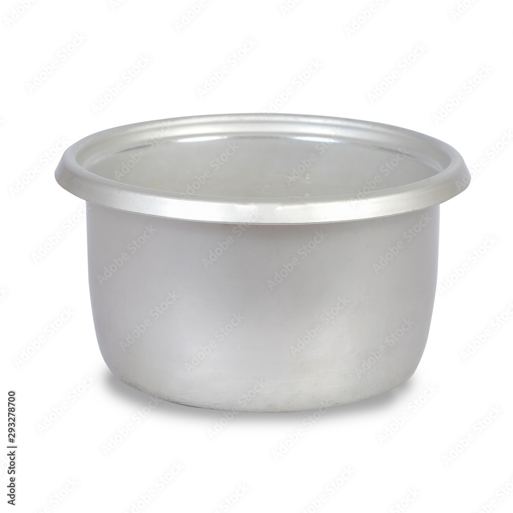 Old aluminium rice hot pot for cook a rice on white background. Old aluminium rice hot pot for cook a rice on white background.