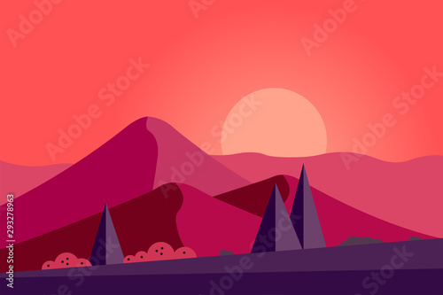 Vector background landscape with red silhouettes of trees and hills