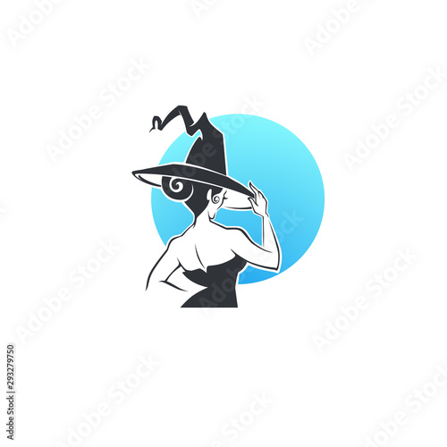 Full moon, vector portrait of young witch in black hat for your magic or Halloween logo, label, emblem
