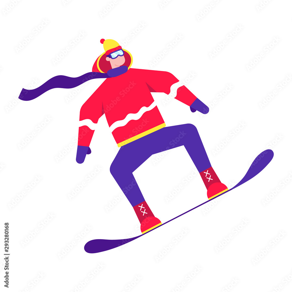 Obraz premium Male person jumps on a snowboard flat style design character riding