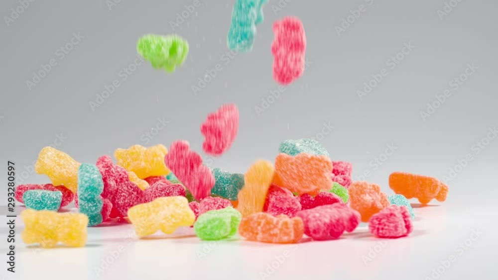 Gummy bear candies falls in slow motion