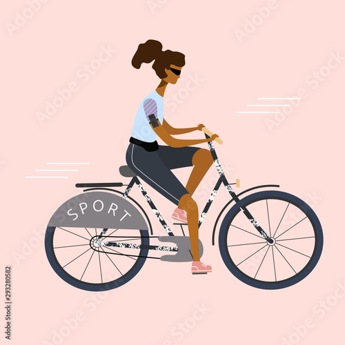 Bicycle Sport woman or girl is riding. Flat stylish bike concept. Eco transport. Vector  illustration for banner, web, mobile app, flyer, poster, print, t-shirt © Elena Sharipova