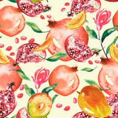 Papier peint photo Fruits aquarelle patrons Grenades mangues pêches aquarelle vintage  © helgafo