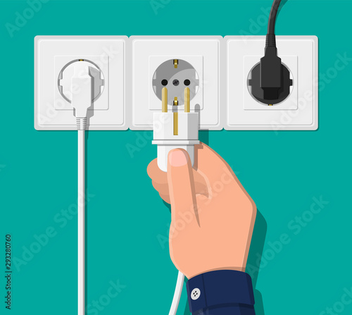 Electrical outlet and hand with plug. Electrical components. Wall socket with cable. Vector illustration in flat style