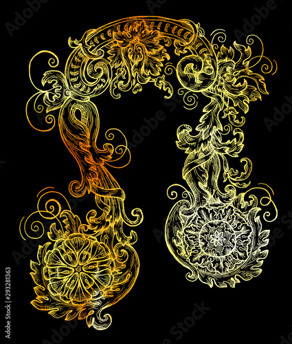 Golden Leo or Lion zodiac sign on black background. photo