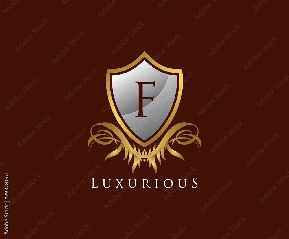 Obraz premium Classy Shield F Letter Logo. Gold Vintage Shield With F Letter prefect for boutique, hotel, restaurant, wedding and other elegant business.