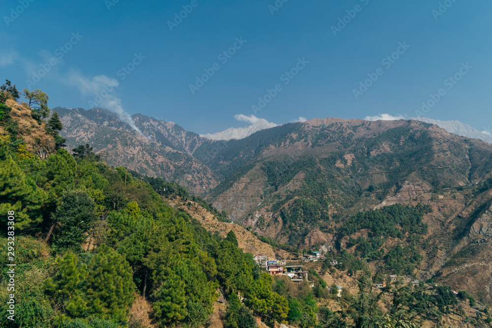Himalayan mountain landscape and view of Dharamshala valley in Himachal Pradesh, India