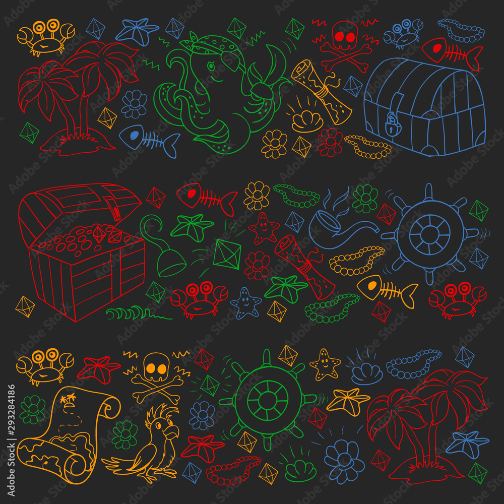 Naklejka premium Vector set with pirate elements for birthday party for little children. Kids pattern with octopus, beach, treasure chest, ship