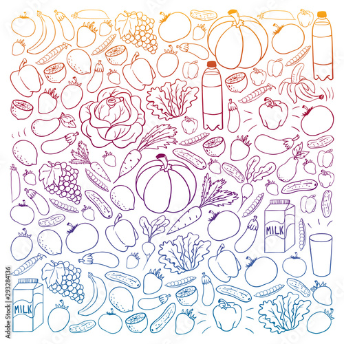 Vector pattern with healthy food. Fruits and vegetables. Milk, dairy products. Pattern for store, mall, menu, cafe, restaurants.