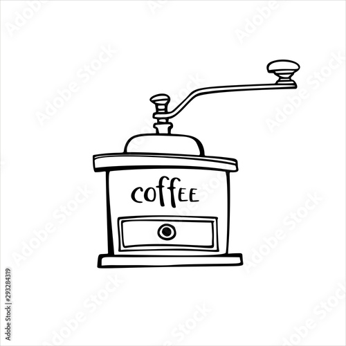 Old coffee grinder sketch. Hand drawn illustration. Line art. Vintage coffee mills vector illustration. Isolated on white background.