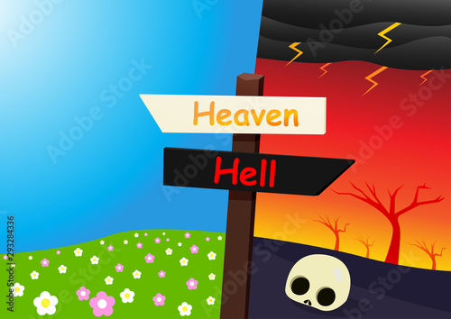 Heaven and hell landscape with signpost, vector art