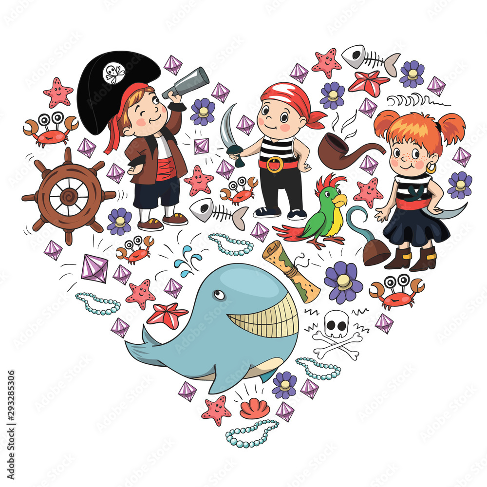 Naklejka premium Vector set with pirate elements for birthday party for little children. Kids pattern with octopus, beach, treasure chest, ship