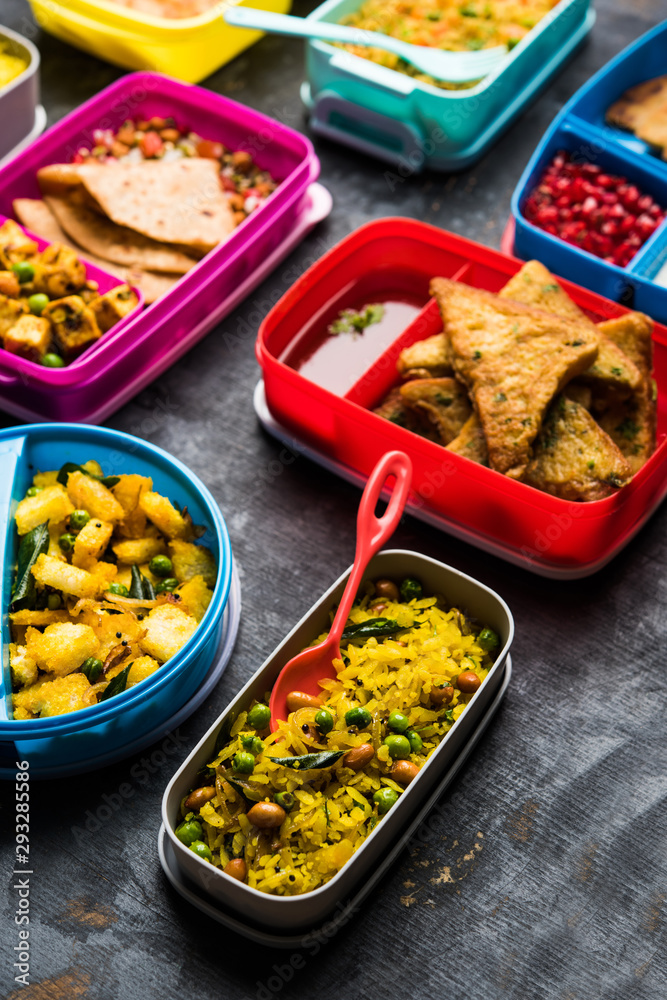 group of Lunch Box / Tiffin for Indian kids, showing variety or multiple option or combination of healthy food for your school going children