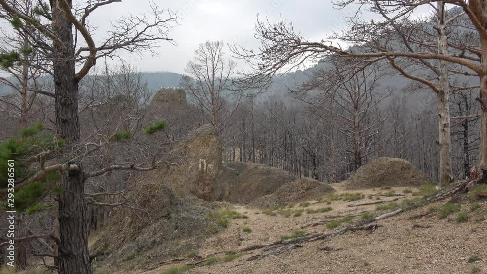 Peschanaya Bay of Lake Baikal in Siberia, Russia. There is a forest fire near by. Smokey landscapes. Peschanaya Bay of Lake Baikal in Siberia, Russia. There is a forest fire near by. Smokey landscapes.