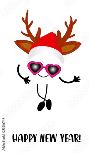 New Year or Christmas card. Funny cartoon cheerful character on a white background. Winter holidays. Santa claus or deer antler costume.