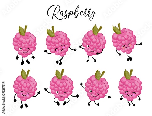 Funny cartoon berries. Raspberry character. Set of poses.