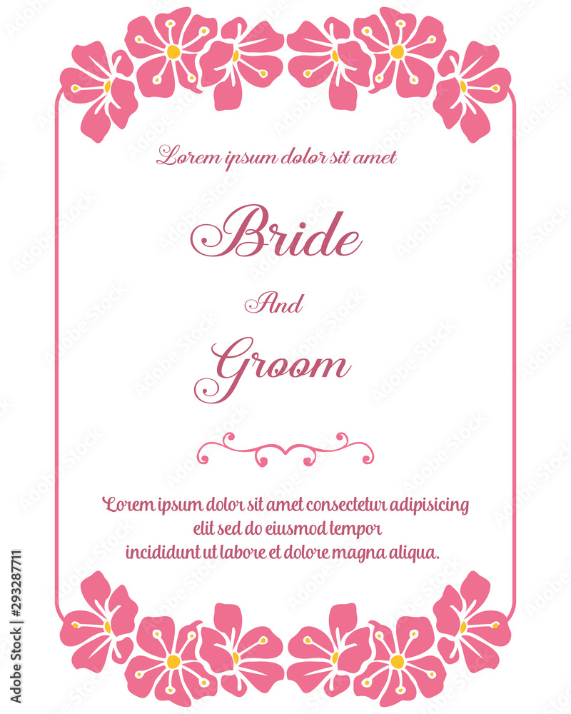 Template text of bride and groom, with pattern art of pink wreath frame. Vector