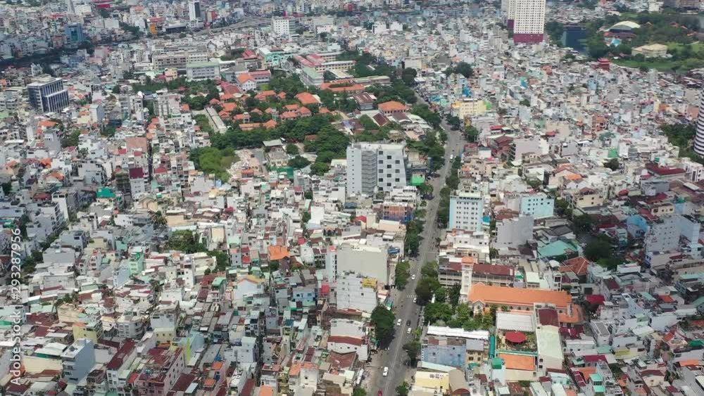 Landscape Ho Chi Minh city take by drone on the sunset with building , downtown street and public transport - at Viet Nam Landscape Ho Chi Minh city take by drone on the sunset with building , downtown street and public transport - at Viet Nam