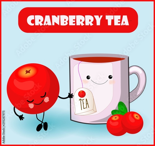 cranberry tea. Cute kawaii character red berry and a cup with a tea bag. Fortified autumn drinks.